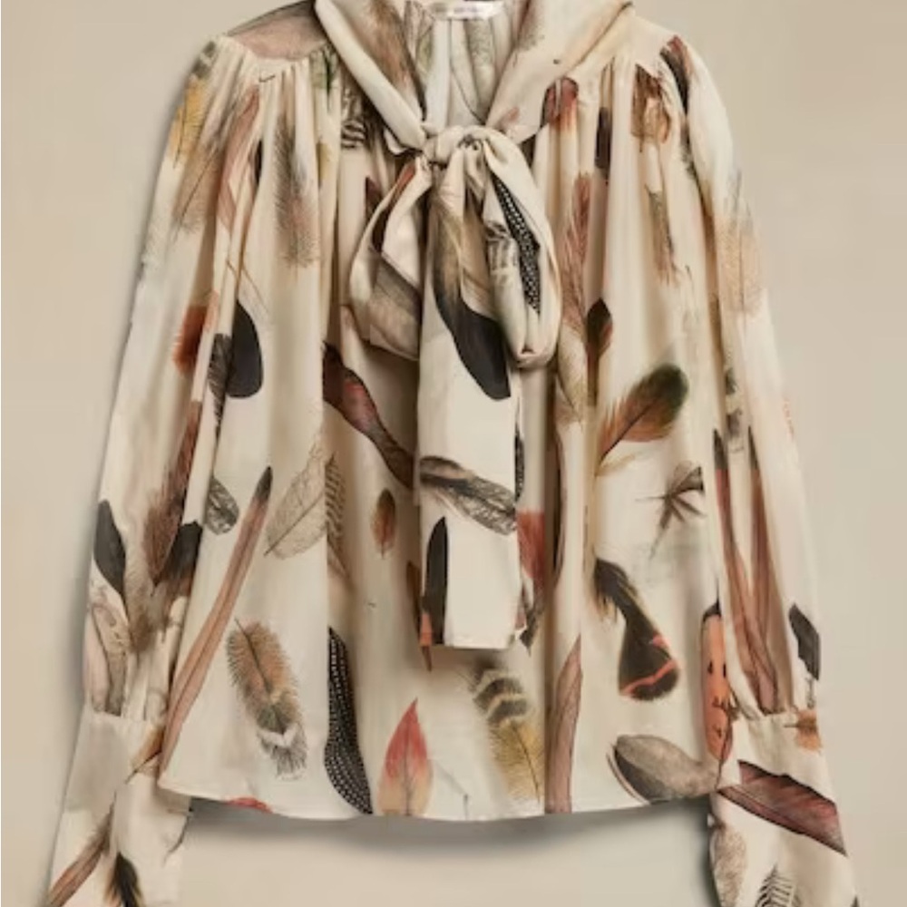 Banana Republic Cream Feather-Print Tie-Neck Blouse